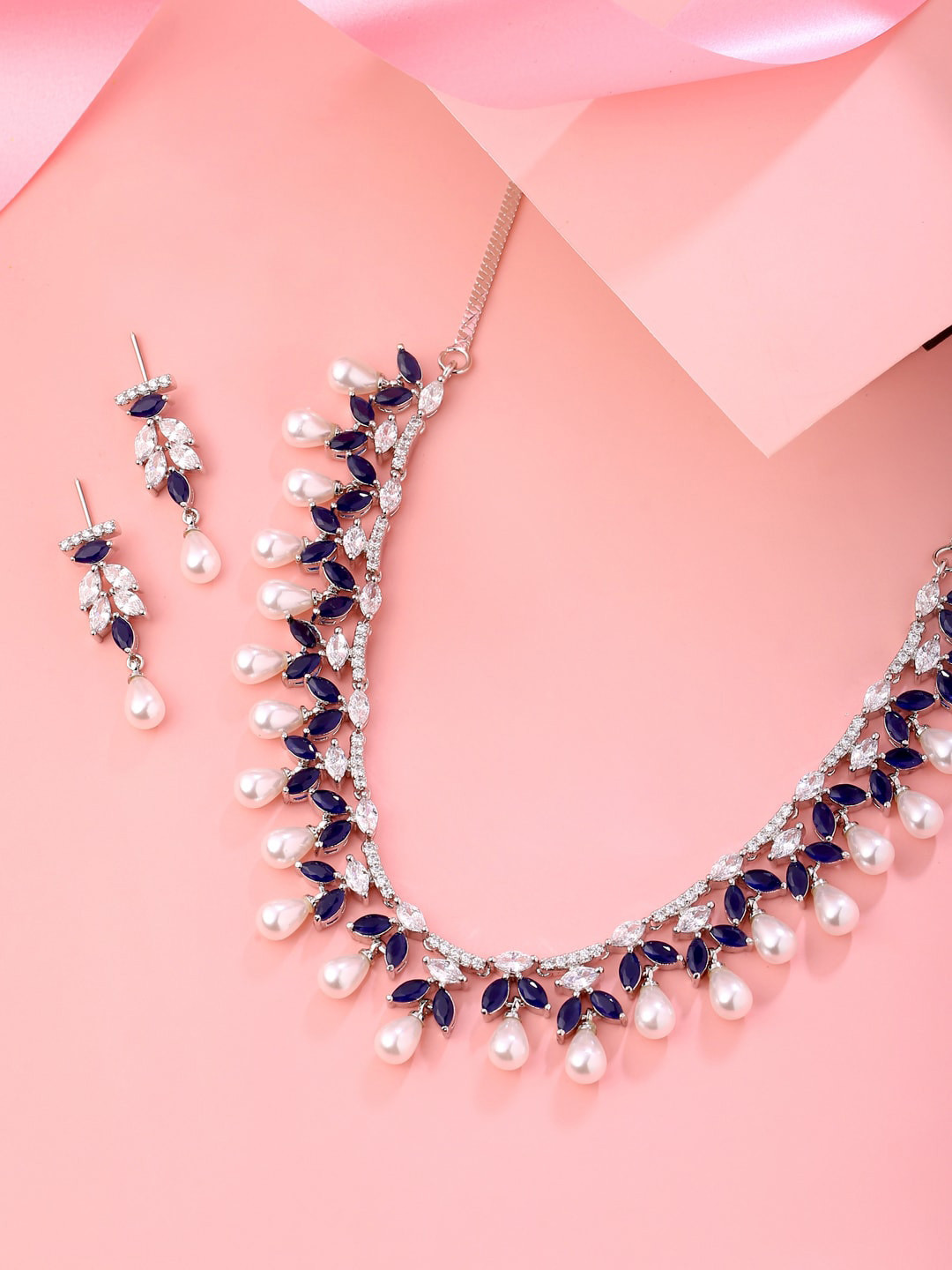 THE AAB STUDIO Blue & Silver Plated AD Studded Contemporary Jewellery Set 
THE AAB STUDIO Blue & Silver Plated AD Studded Contemporary Jewellery Set