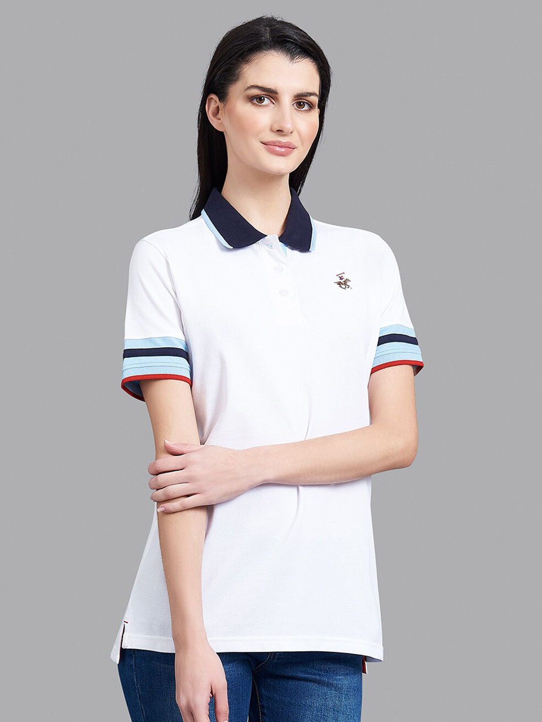 Beverly Hills Polo Club Women White & Blue Polo Collar T-shirt 
Beverly Hills Polo Club Women White & Blue Polo Collar T-shirt