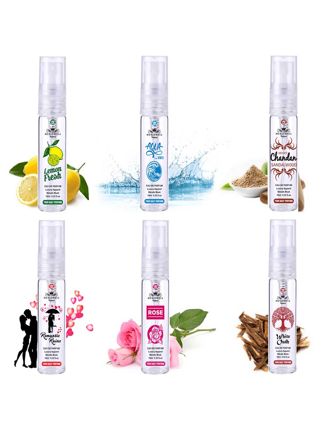 Menjewell Perfumes Women Set of 6 Fine Fragrance Eau De Perfume 10 ml each, Transparent
Menjewell Perfumes Women Set of 6 Fine Fragrance Eau De Perfume 10 ml each, Transparent