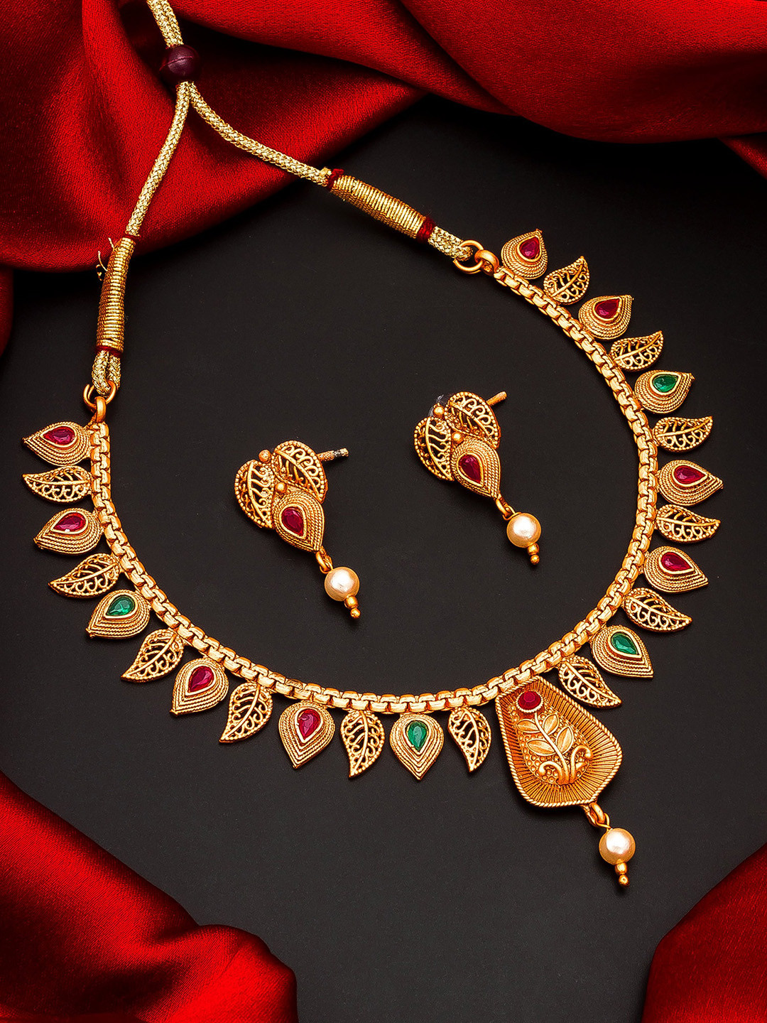 aadita Gold-Plated Red Ruby and Pearls-Studded Meenakari Jewellery Set
aadita Gold-Plated Red Ruby and Pearls-Studded Meenakari Jewellery Set