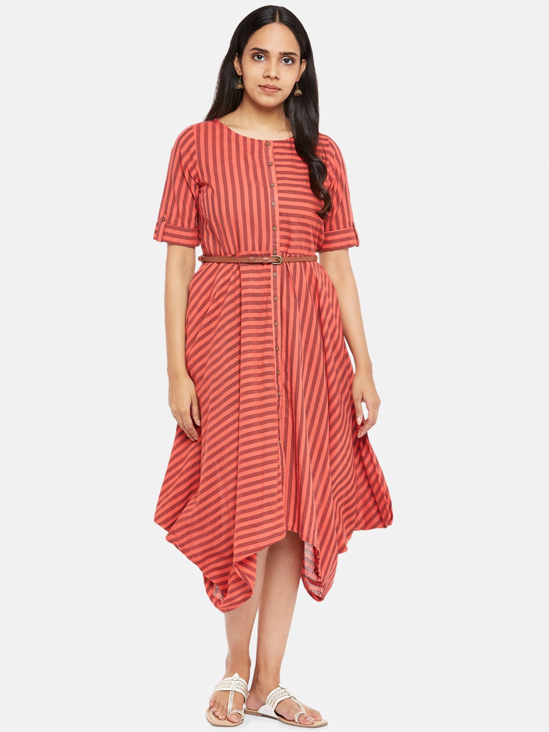 AKKRITI BY PANTALOONS Woman Coral Striped A-Line Midi Dress