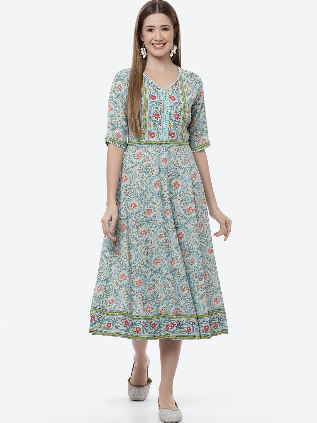 Rangriti Blue Floral Ethnic A-Line Midi Dress