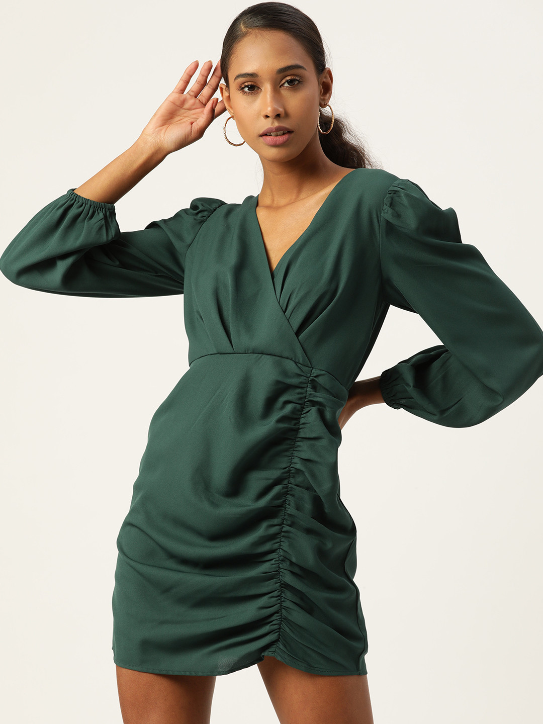 Aayna Green Solid V-Neck Bishop Sleeves Gathered Or Pleated Georgette Wrap Mini Dress
Aayna Green Solid V-Neck Bishop Sleeves Gathered Or Pleated Georgette Wrap Mini Dress