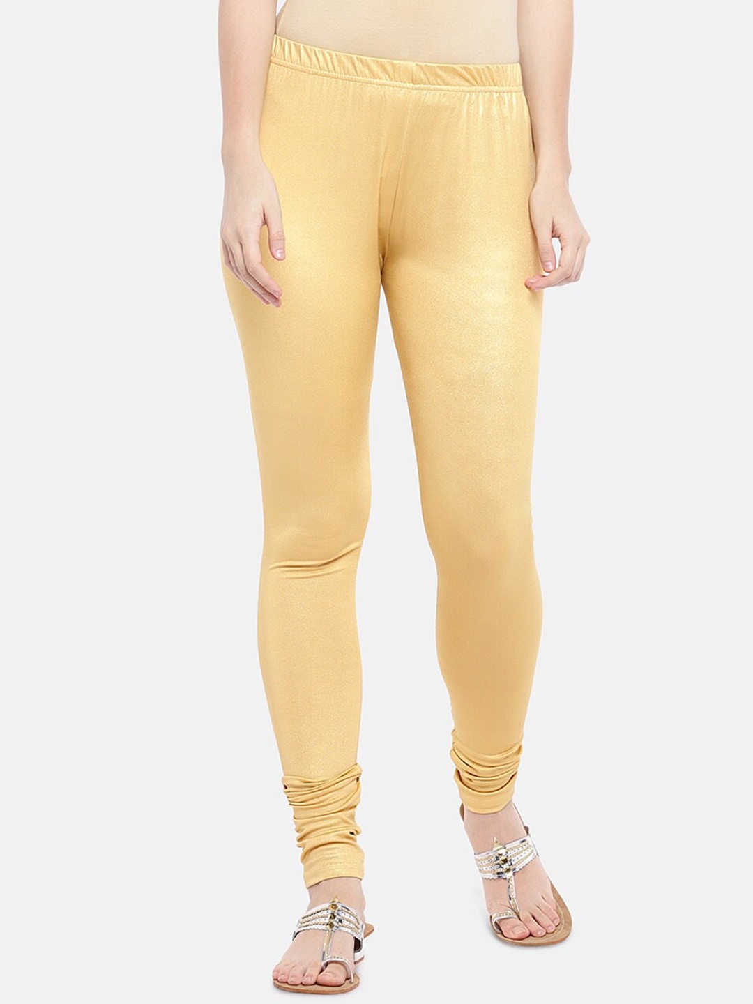 Ethnicity Women Gold-Coloured Solid Churidar-Length Leggings