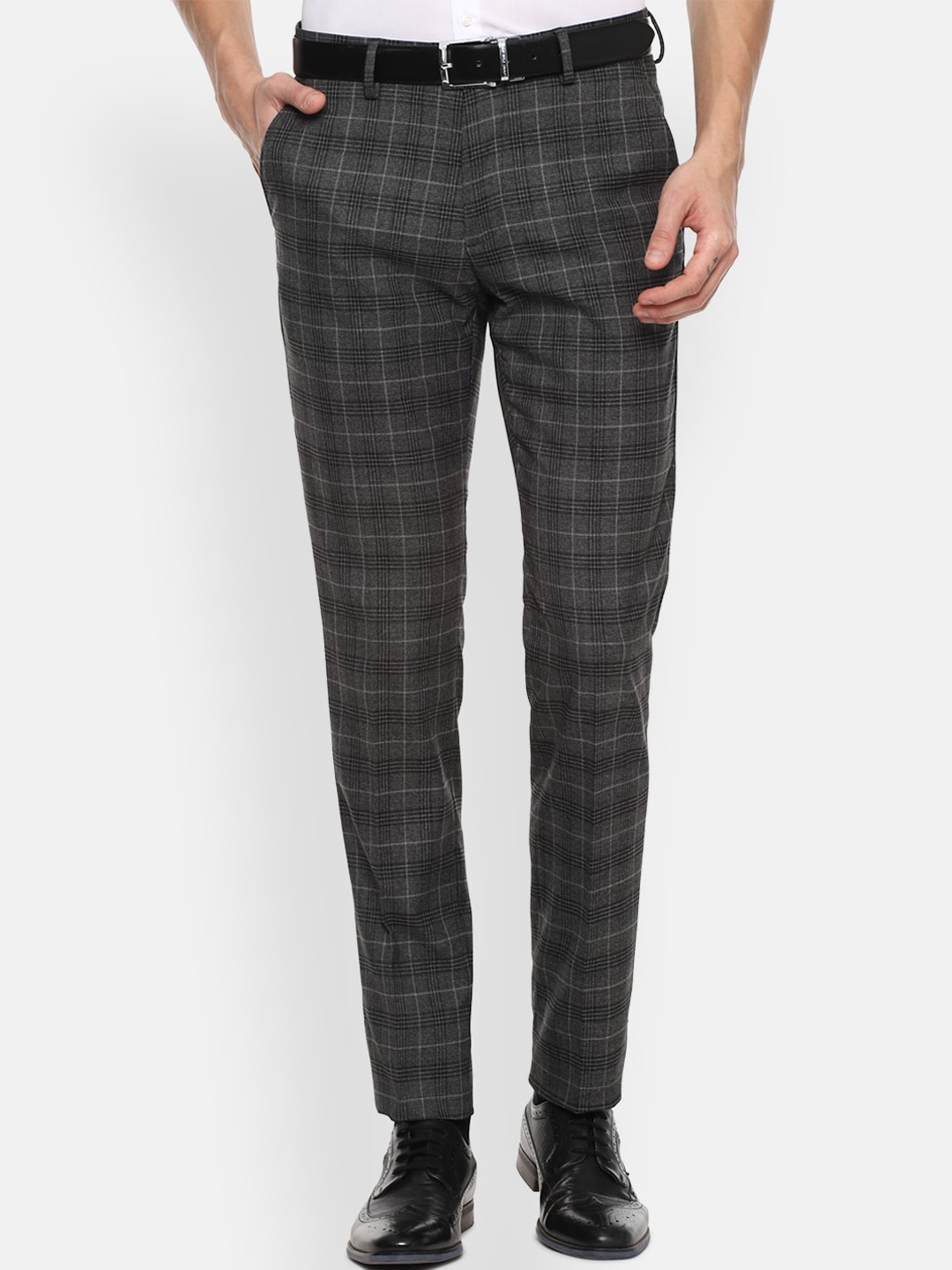 Louis Philippe Men Grey Checked Slim Fit Formal Trousers