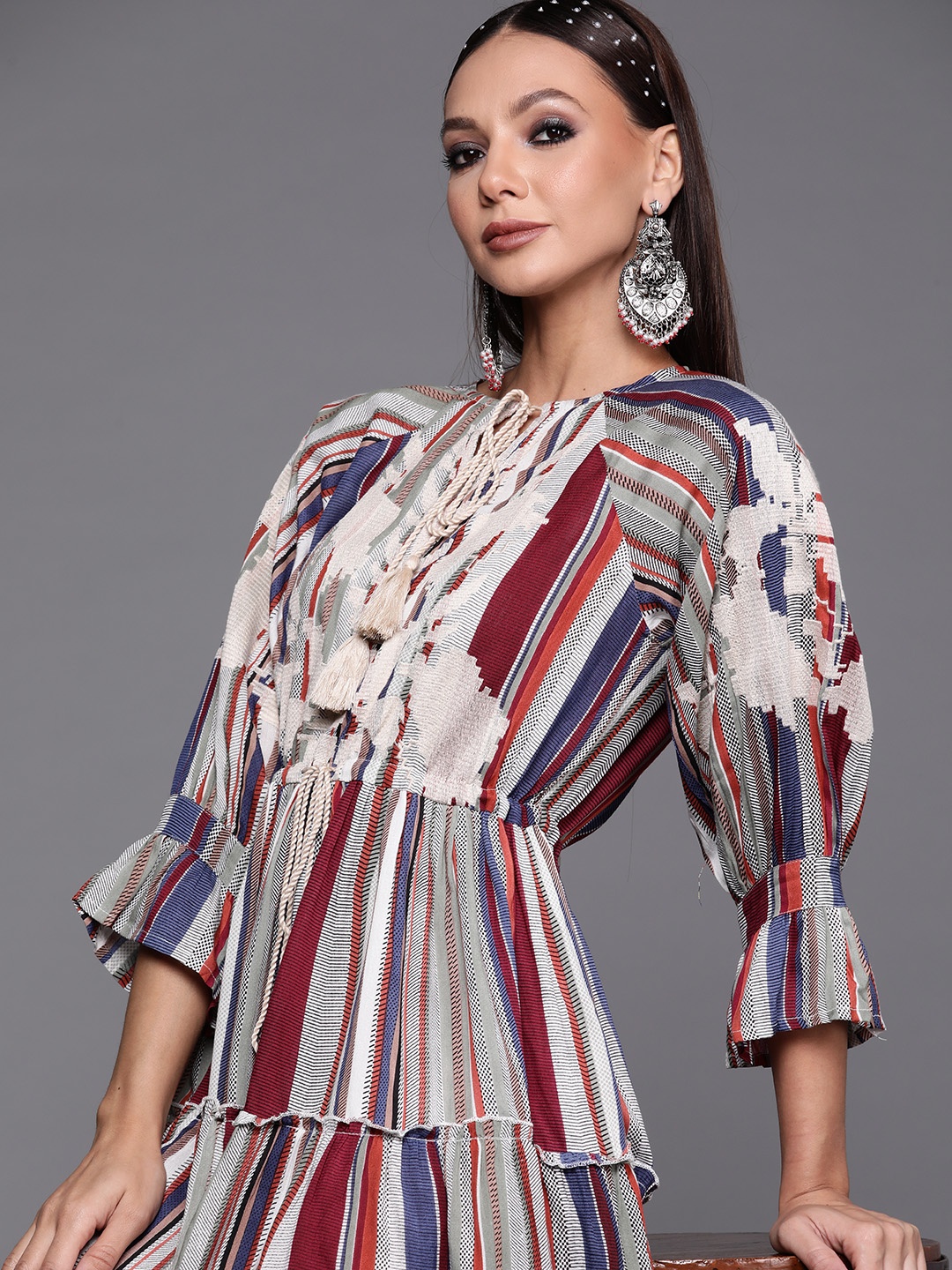 Indo Era Multicoloured Tie-Up Neck Layered Ethnic A-Line Dress, Multi