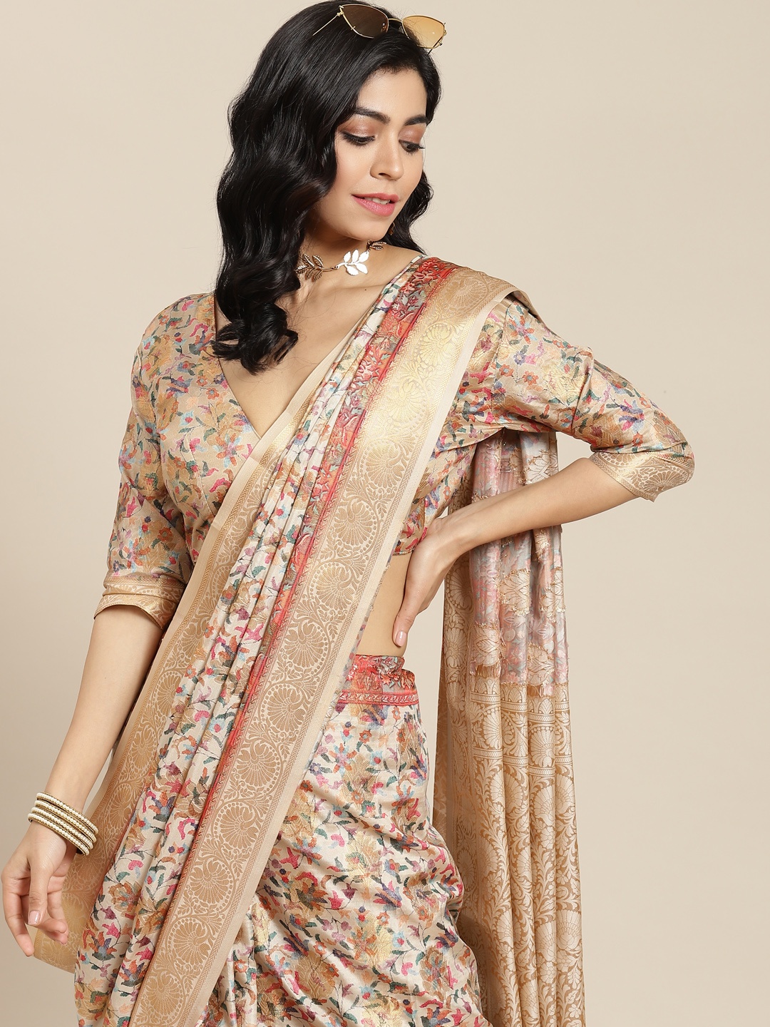 SHANGRILA White & Orange Ethnic Woven Design Art Silk Saree