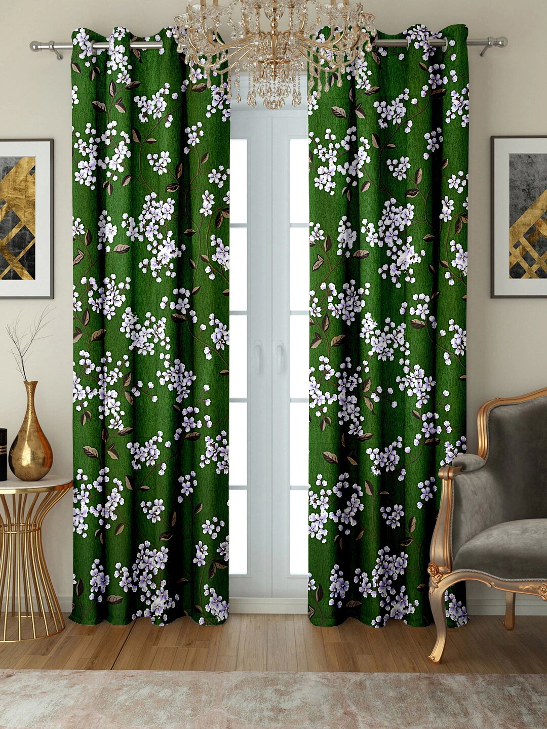 Cortina Green & White Set of 2 Floral Printed Door Curtain