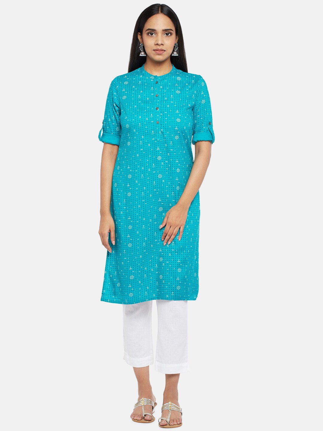 RANGMANCH BY PANTALOONS Women Turquoise Blue & White Geometric Printed Straight Kurta
RANGMANCH BY PANTALOONS Women Turquoise Blue & White Geometric Printed Straight Kurta