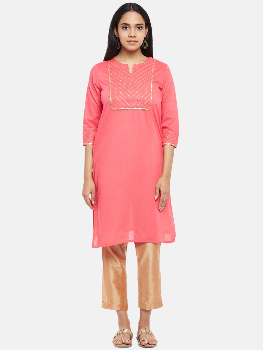 RANGMANCH BY PANTALOONS Women Coral Pink Yoke Design Thread Work Kurta
