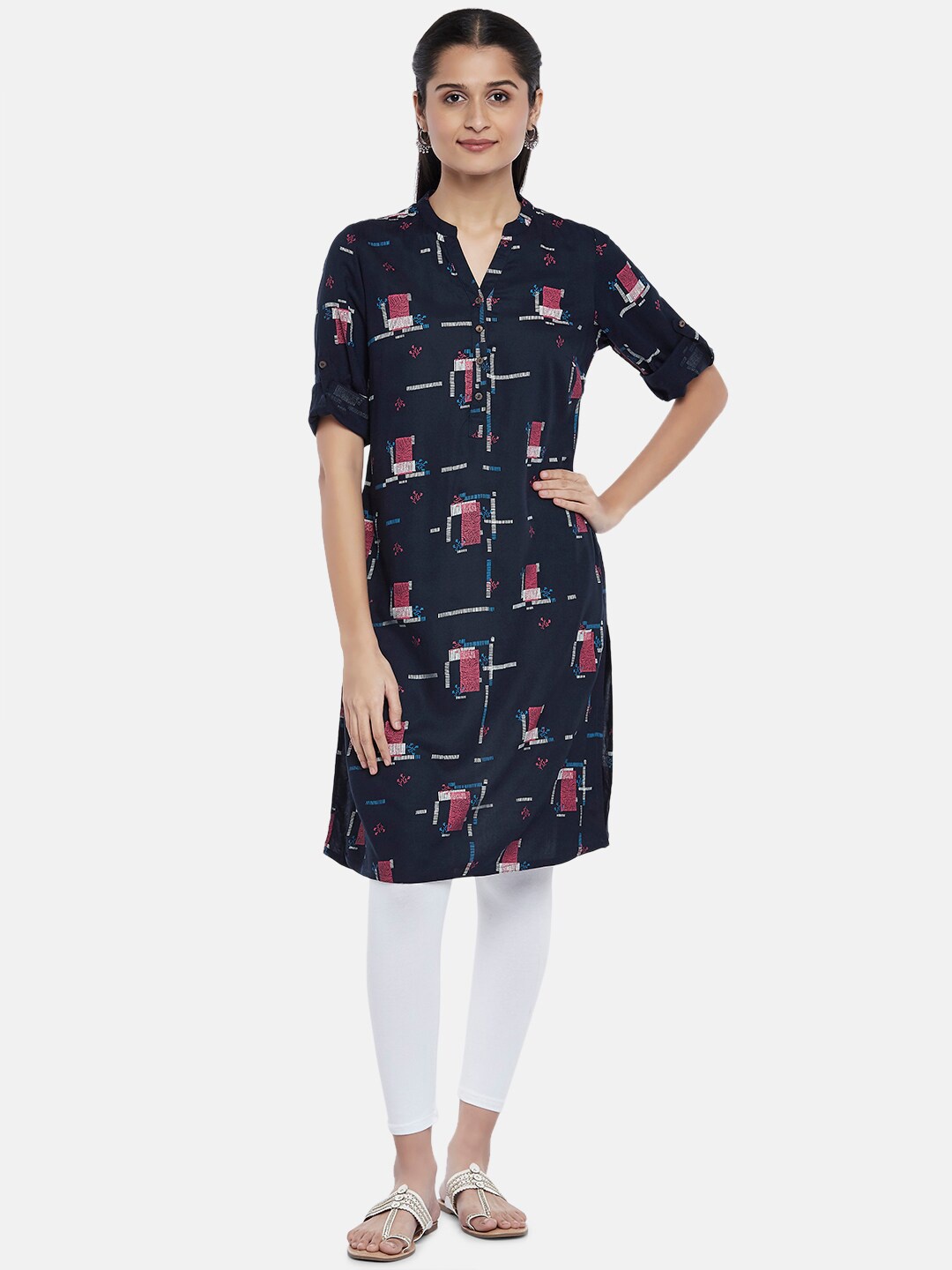RANGMANCH BY PANTALOONS Women Navy Blue Floral Embroidered Thread Work Kurta