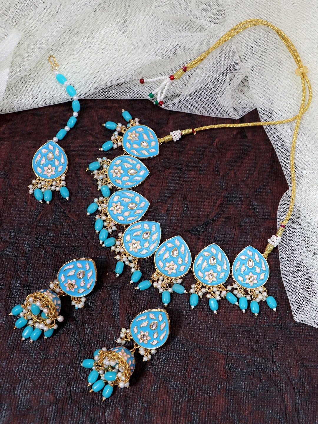 Crunchy Fashion Gold-Plated Blue & White Stone-Studded Beaded Meenakari Jewellery Set
Crunchy Fashion Gold-Plated Blue & White Stone-Studded Beaded Meenakari Jewellery Set