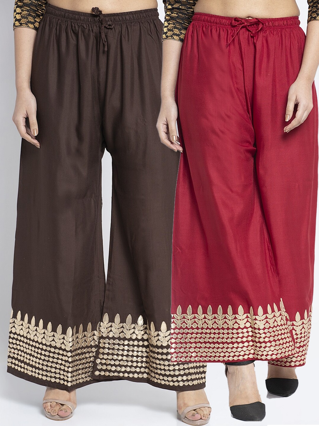 Jinfo Women Maroon & Brown Set Of 2 Ethnic Motifs Embellished Gota Flared Ethnic Palazzos
Jinfo Women Maroon & Brown Set Of 2 Ethnic Motifs Embellished Gota Flared Ethnic Palazzos