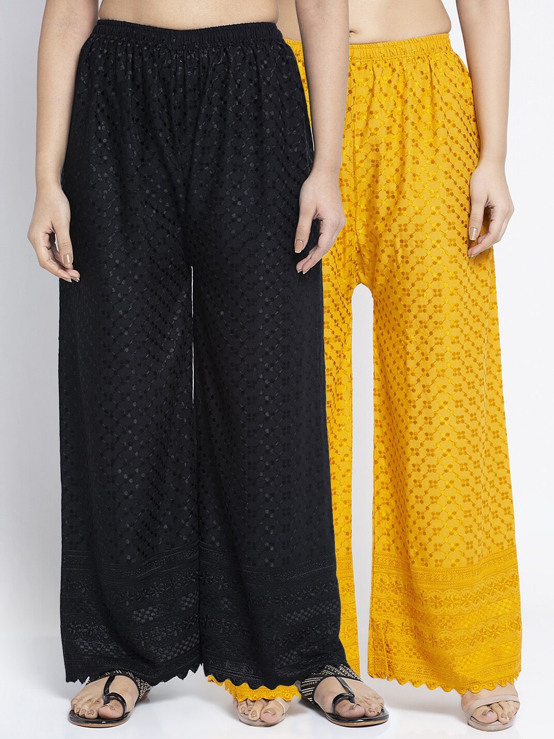 Jinfo Women Pack Of 2 Black & Gold-Toned Floral Chikankari Flared Cotton Ethnic Palazzos
Jinfo Women Pack Of 2 Black & Gold-Toned Floral Chikankari Flared Cotton Ethnic Palazzos