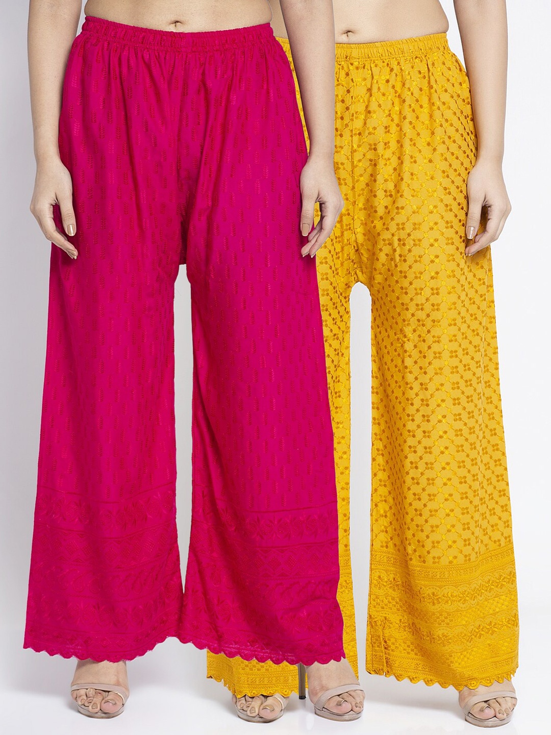 Jinfo Women Pack Of 2 Pink & Gold-Toned Chikankari Embroidered Cotton Ethnic Palazzos
Jinfo Women Pack Of 2 Pink & Gold-Toned Chikankari Embroidered Cotton Ethnic Palazzos
