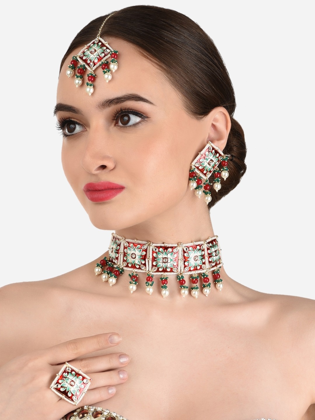 Zaveri Pearls Gold-Plated Red & Green Stone-Studded Beaded Meenakari Choker Jewellery Set
Zaveri Pearls Gold-Plated Red & Green Stone-Studded Beaded Meenakari Choker Jewellery Set