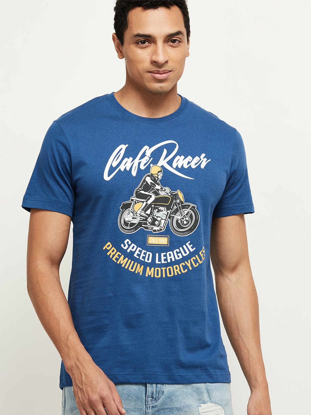 max Men Blue & White Biker Printed Pure Cotton T-shirt