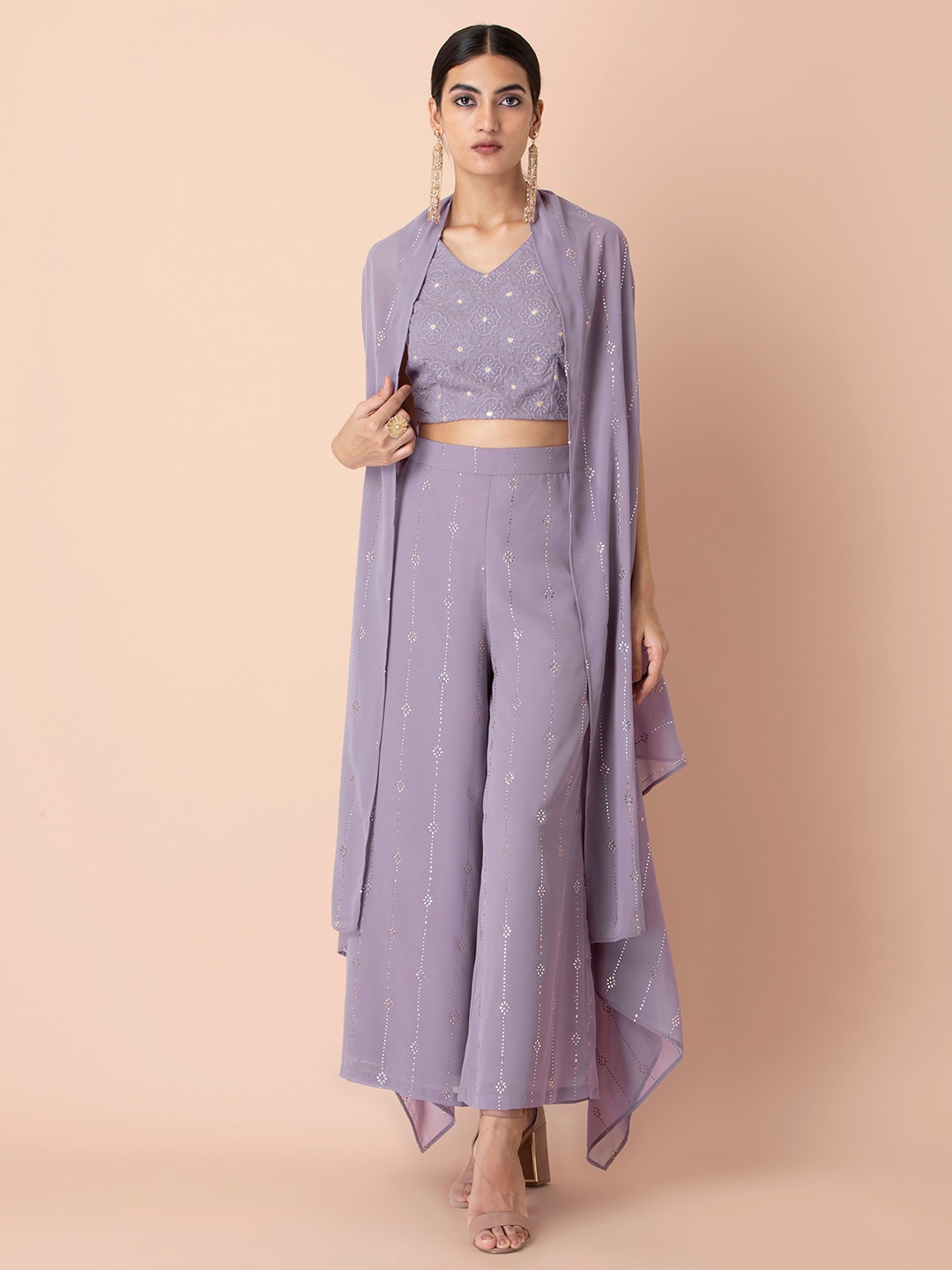 INDYA Women Purple & Silver-Toned Printed Ethnic Embellished Longline High Low Shrug
INDYA Women Purple & Silver-Toned Printed Ethnic Embellished Longline High Low Shrug