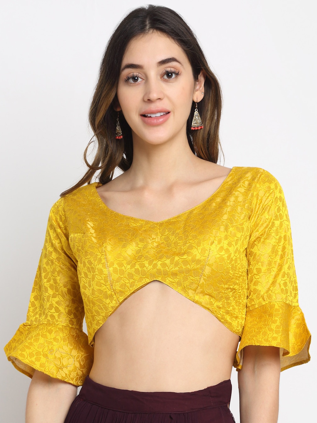 Grancy Women Yellow Woven Design Silk Saree Blouse