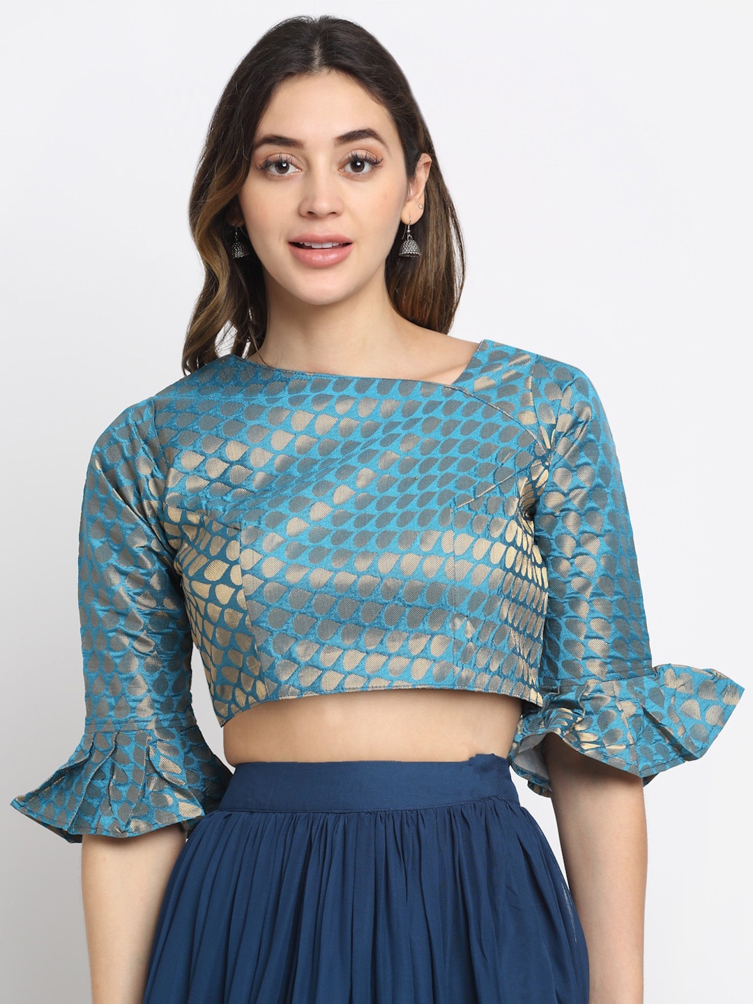 Grancy Turquoise Blue & Gold-Coloured Printed Silk Saree Blouse