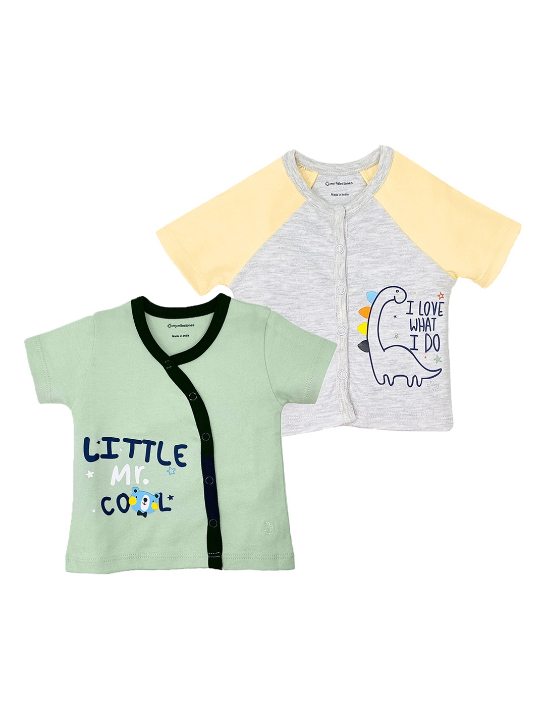 My Milestones Infants Girls Pack Of 2 Sea Green & Grey Printed Neck Cotton T-shirt