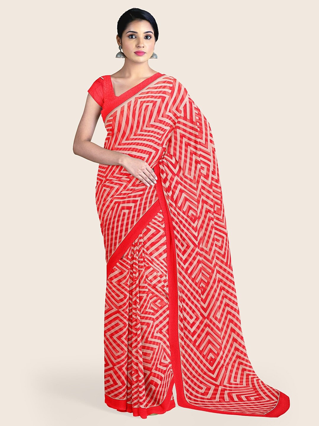 Pothys Red & White Printed Poly Chiffon Saree