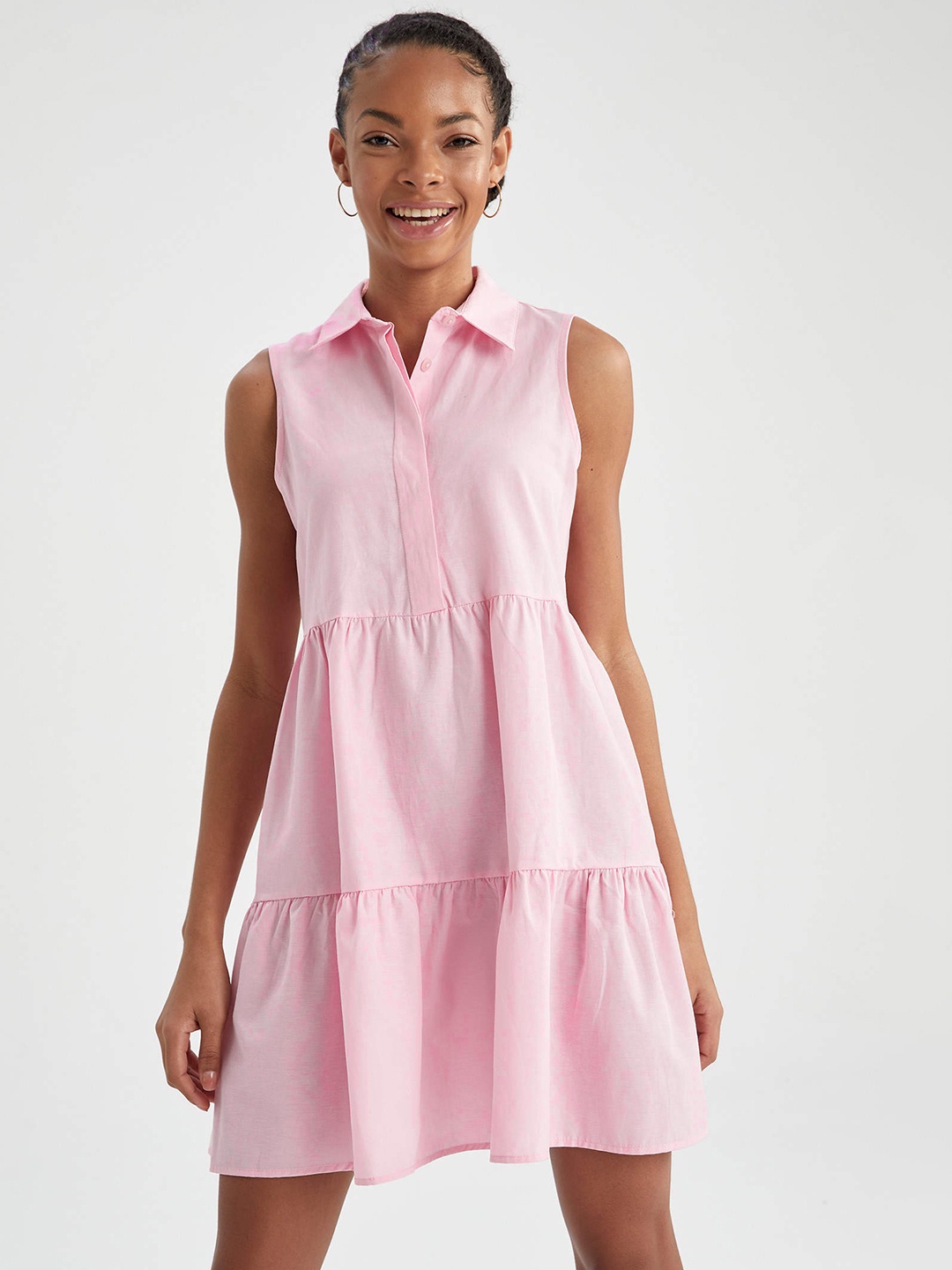 DeFacto Pink Solid A-Line Tiered Dress