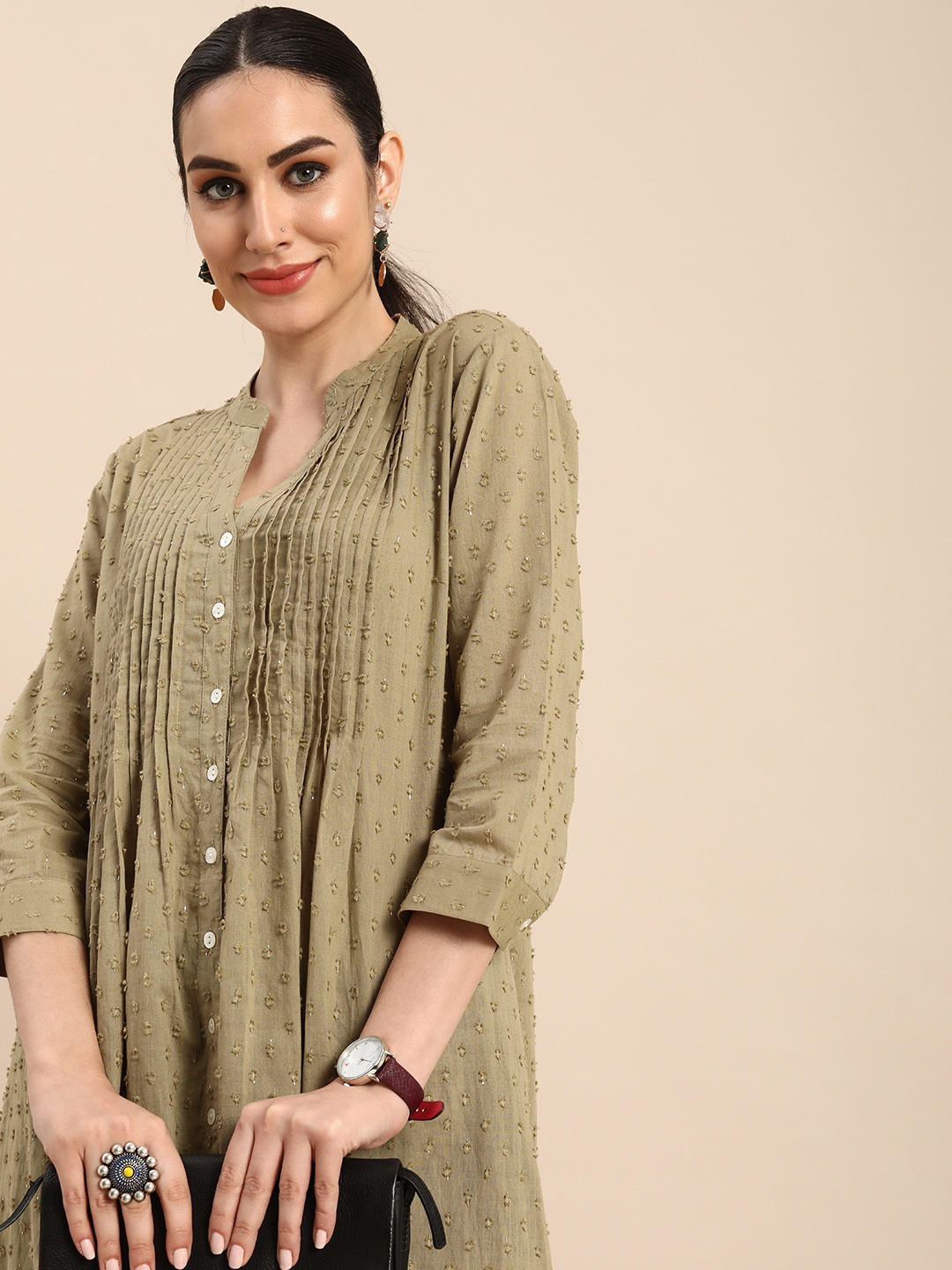 Anouk Women Khaki Solid Kurta