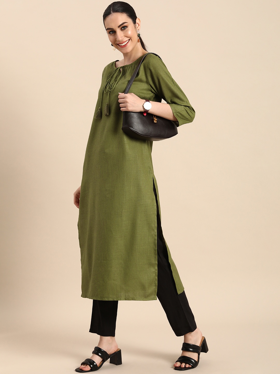 Anouk Women Olive Green Kurta