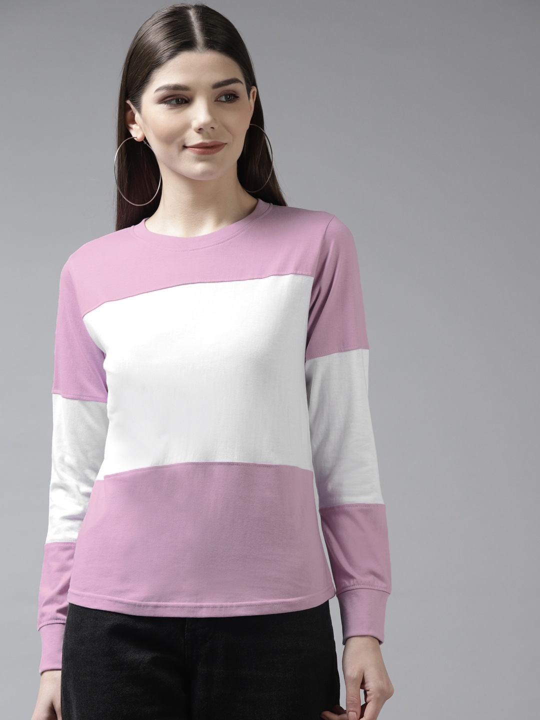 The Dry State Women Lavender & White Colourblocked T-shirt