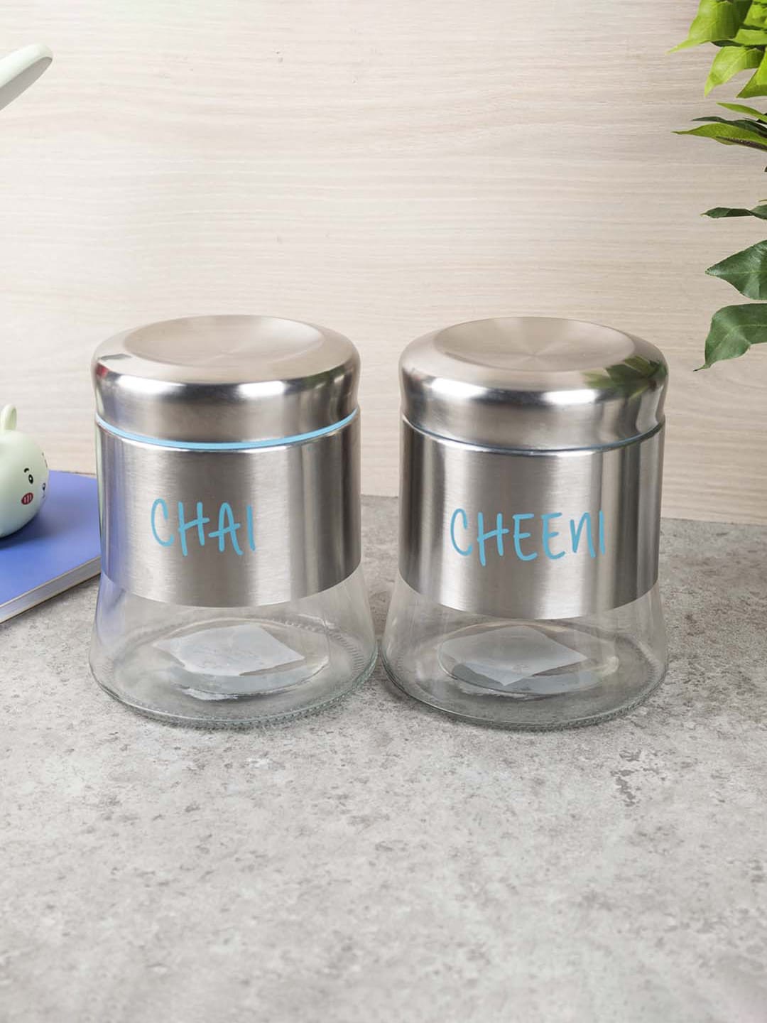 MARKET99 Set Of 2 Blue Airtight Glass Jars