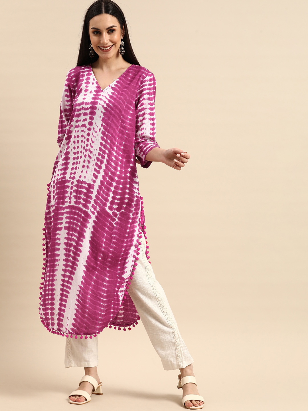 Anouk Women Pink & White Printed Kurta