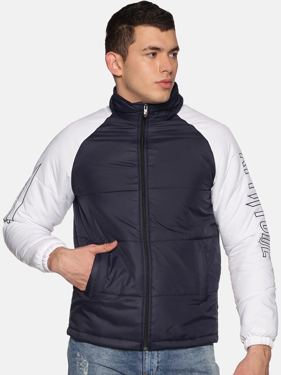 ATTIITUDE Men Navy Blue & White Colourblocked Windcheater Puffer Jacket With Rapid Dry
ATTIITUDE Men Navy Blue & White Colourblocked Windcheater Puffer Jacket With Rapid Dry