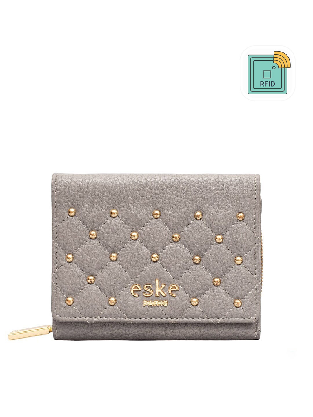 Eske Women Grey & Gold-Toned Leather Three Fold Wallet