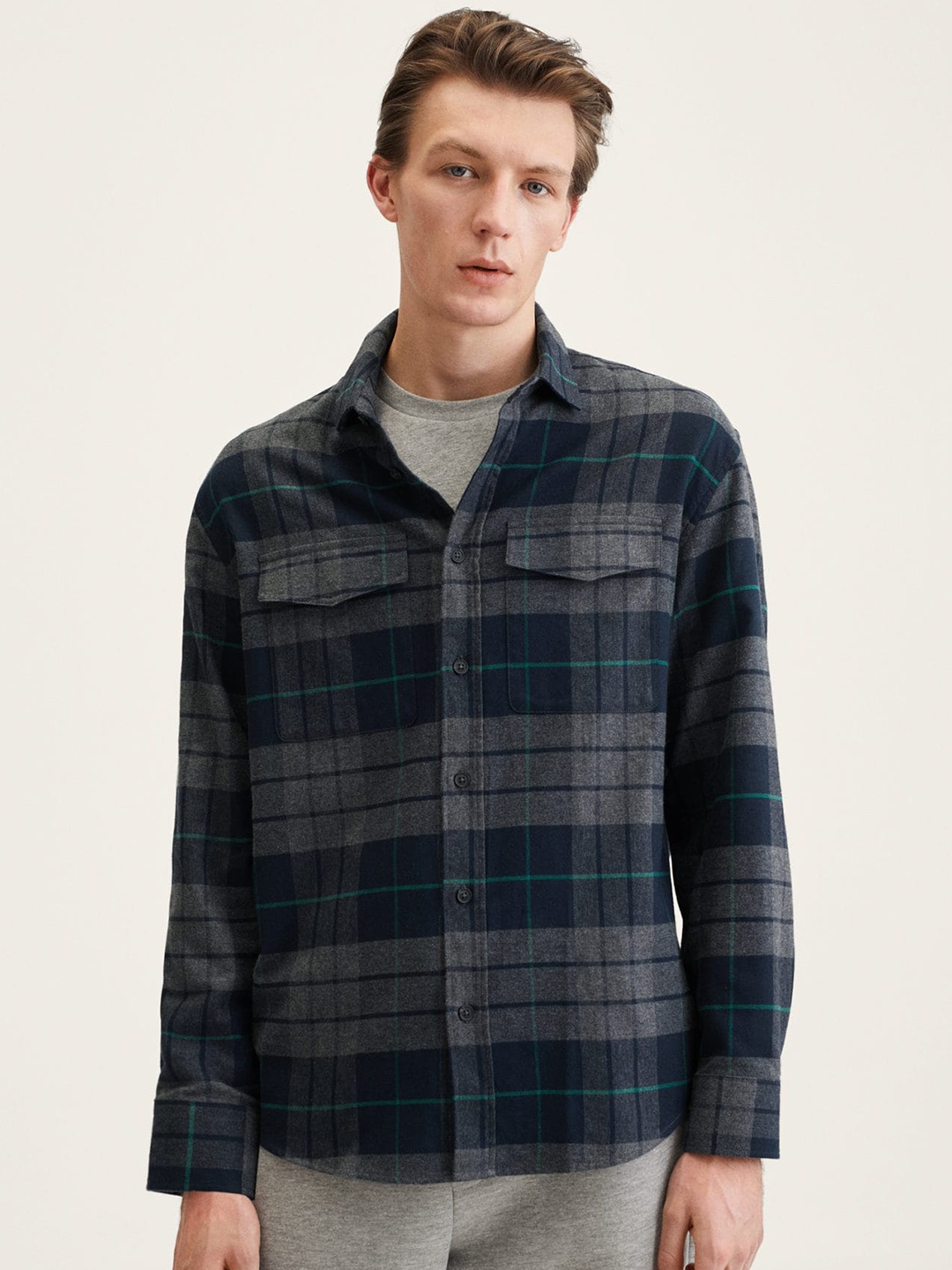 MANGO MAN Navy Blue & Grey Pure Cotton Flannel Checked Casual Shirt