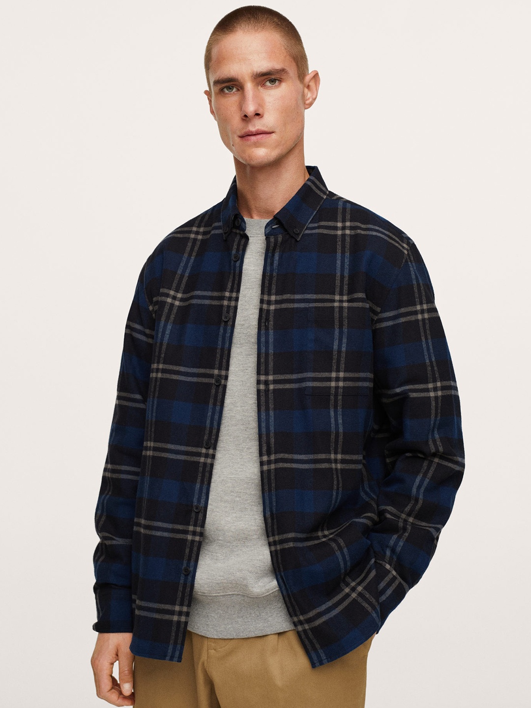 MANGO MAN Blue & Black Pure Cotton Flannel Checked Casual Shirt