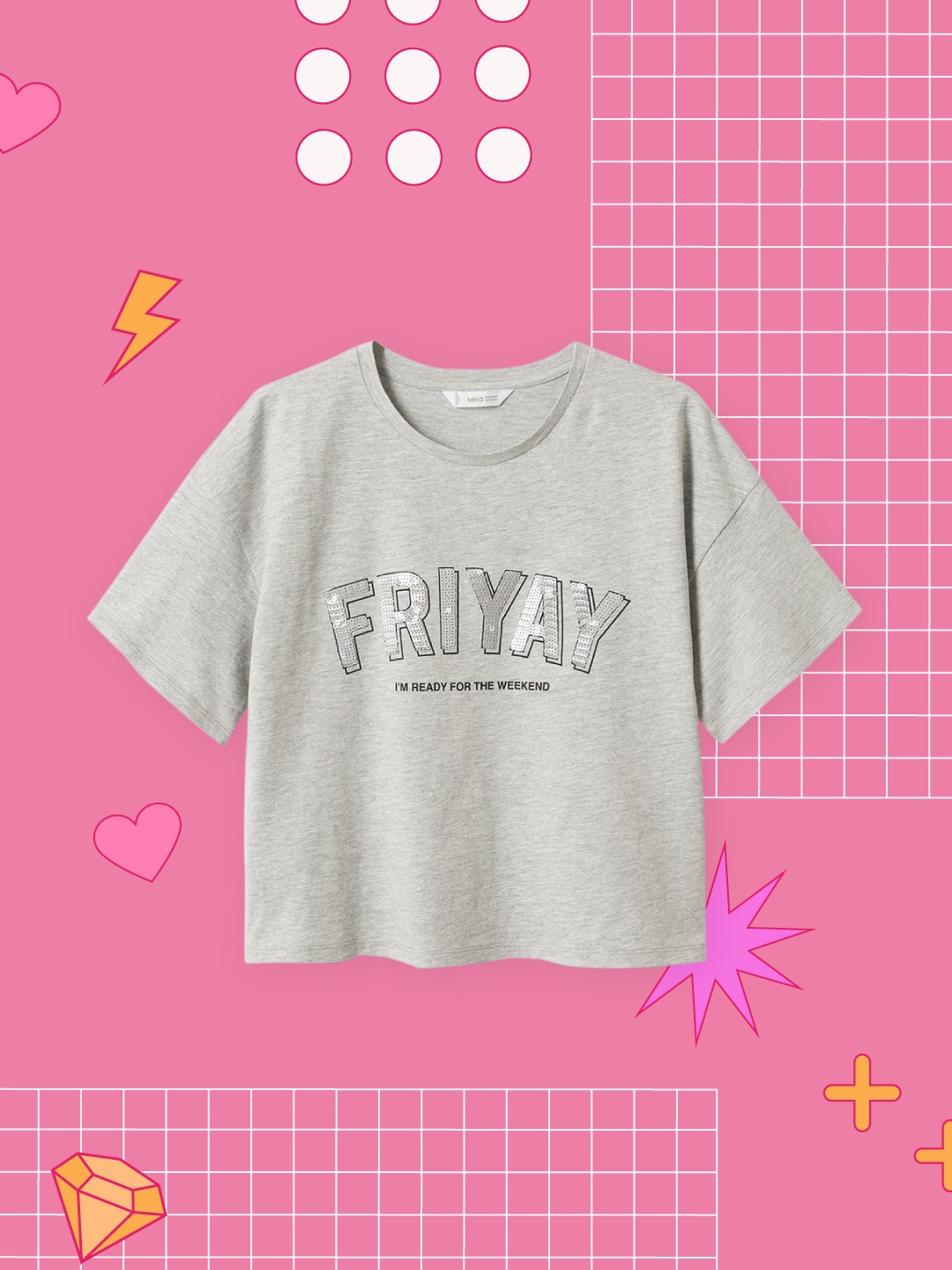 Mango Kids Girls Grey Melange & Black Typography Sequin Drop-Shoulder Sleeves T-shirt