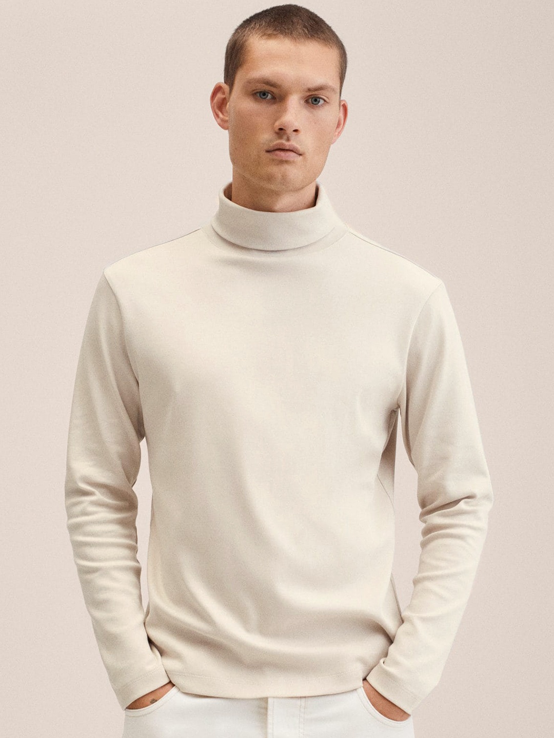 MANGO MAN Beige Solid High Neck Pure Cotton T-shirt