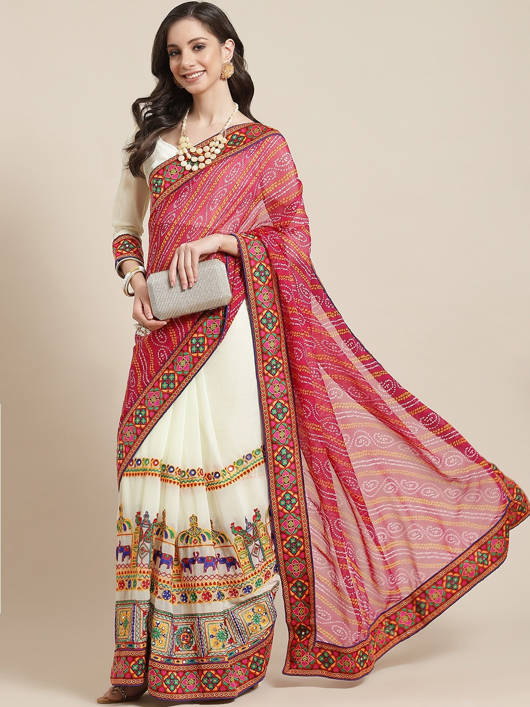 SERONA FABRICS Pink & Off-White Bandhani Pure Georgette Half and Half Bandhani Saree
SERONA FABRICS Pink & Off-White Bandhani Pure Georgette Half and Half Bandhani Saree