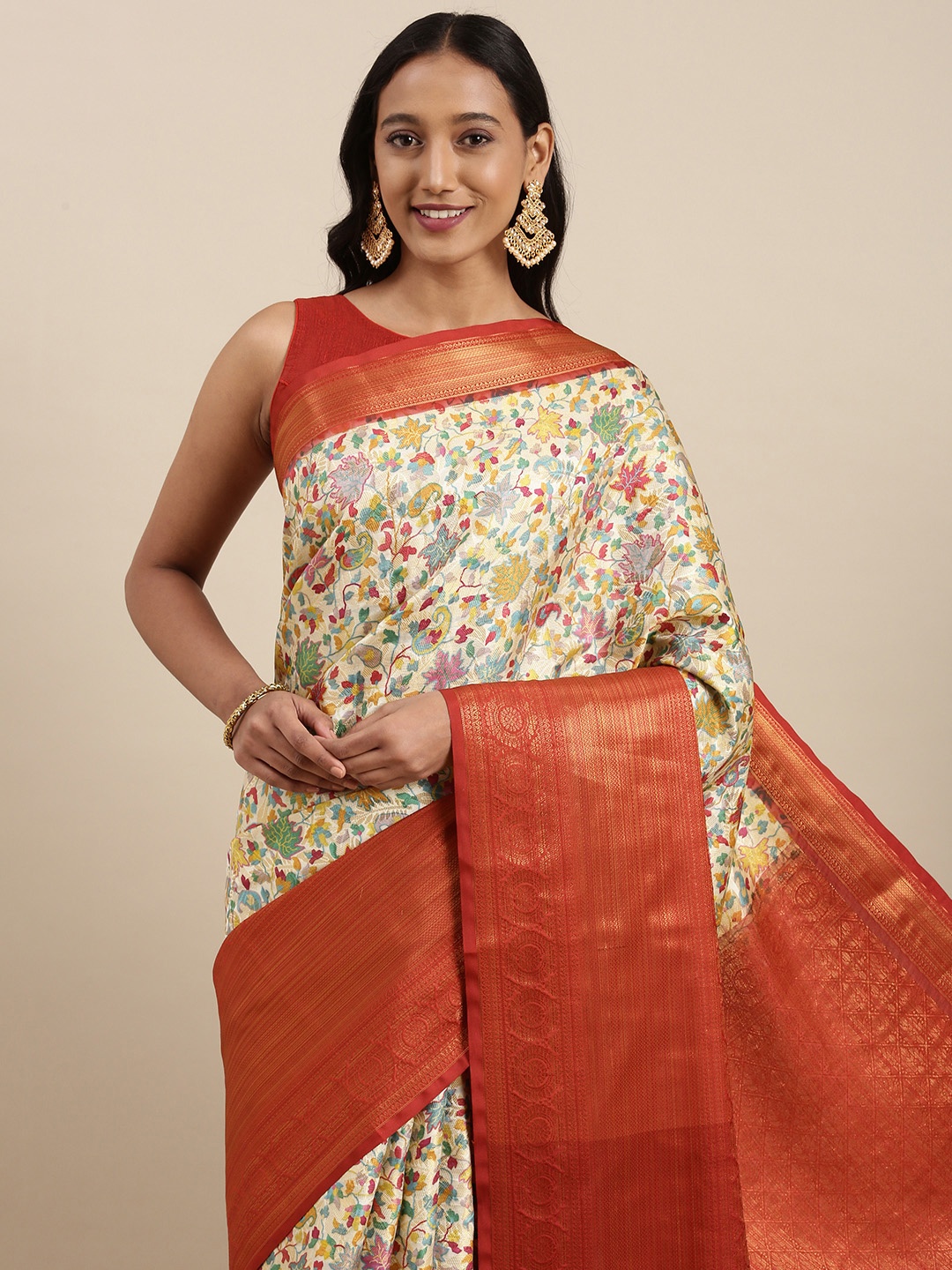 VASTRANAND White & Red Ethnic Print Zari Silk Blend Saree