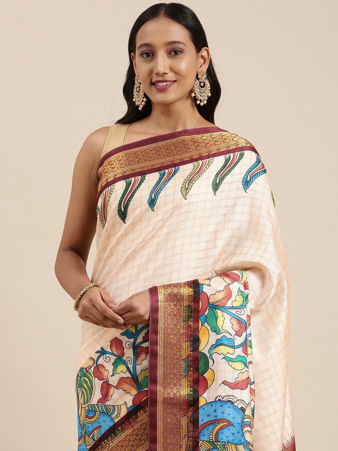 VASTRANAND Beige & Blue Kalamkari Print Zari Silk Blend Uppada Saree