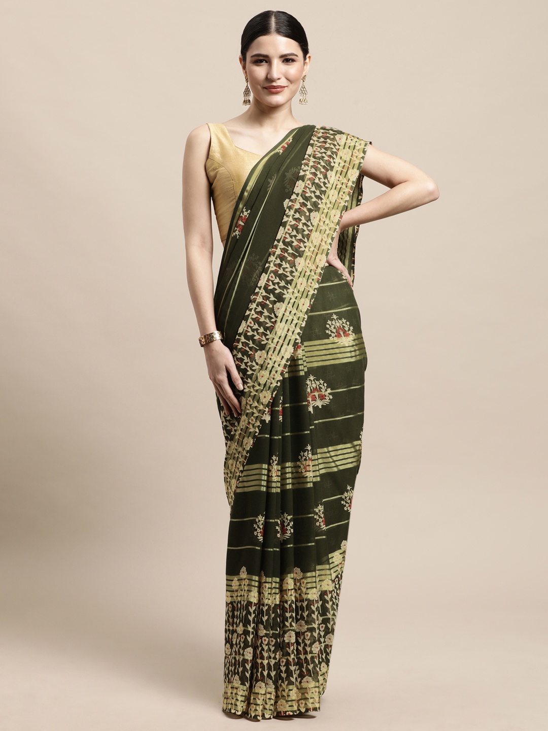 PERFECTBLUE Olive Green & Beige Floral Print Saree