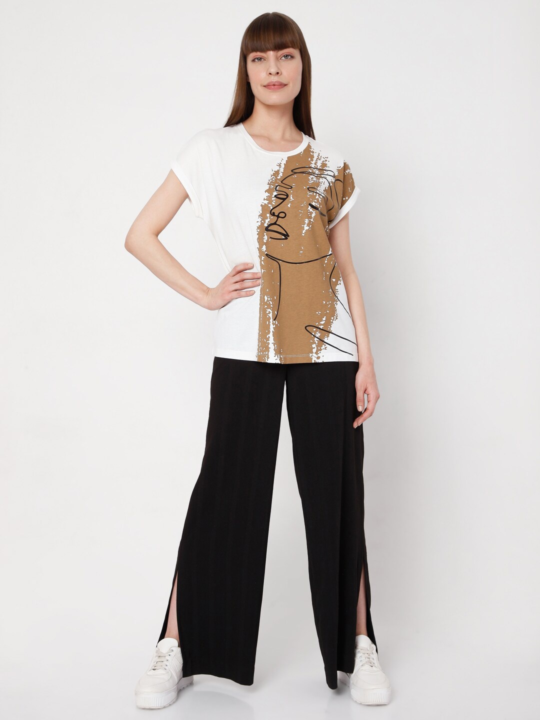Vero Moda Women White & Brown Printed T-shirt