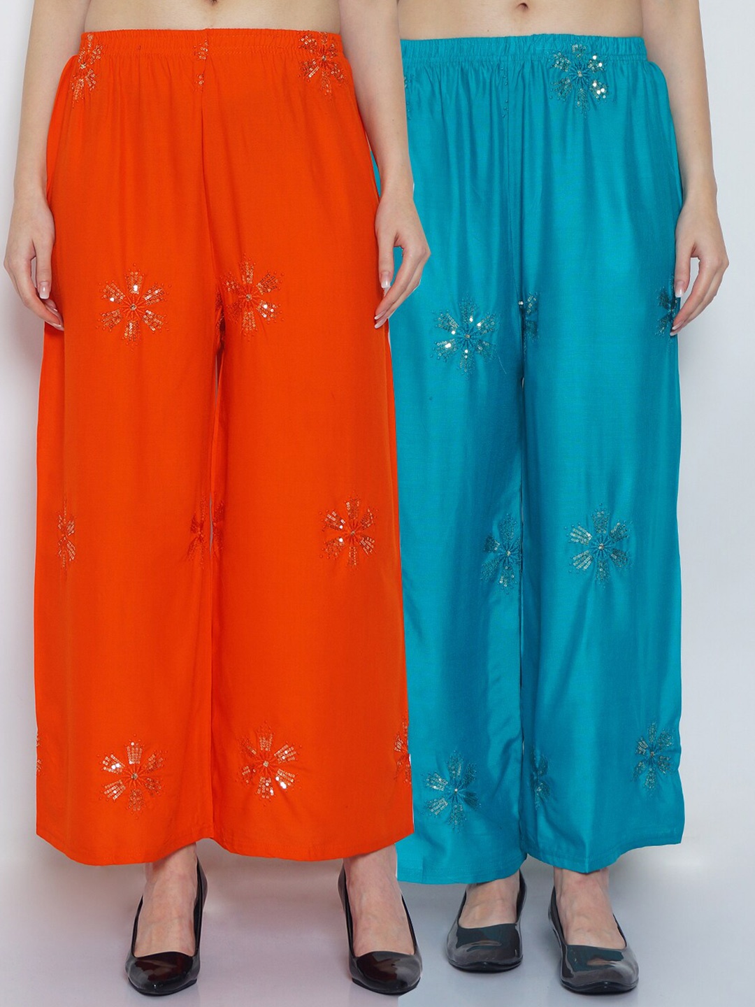 Jinfo Women Orange & Turquoise Blue Set Of 2 Floral Embellished Flared Ethnic Palazzos
Jinfo Women Orange & Turquoise Blue Set Of 2 Floral Embellished Flared Ethnic Palazzos
