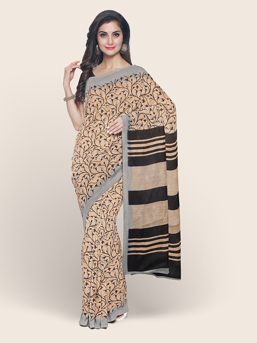 Pothys Peach-Coloured & Black Floral Cotton Blend Saree