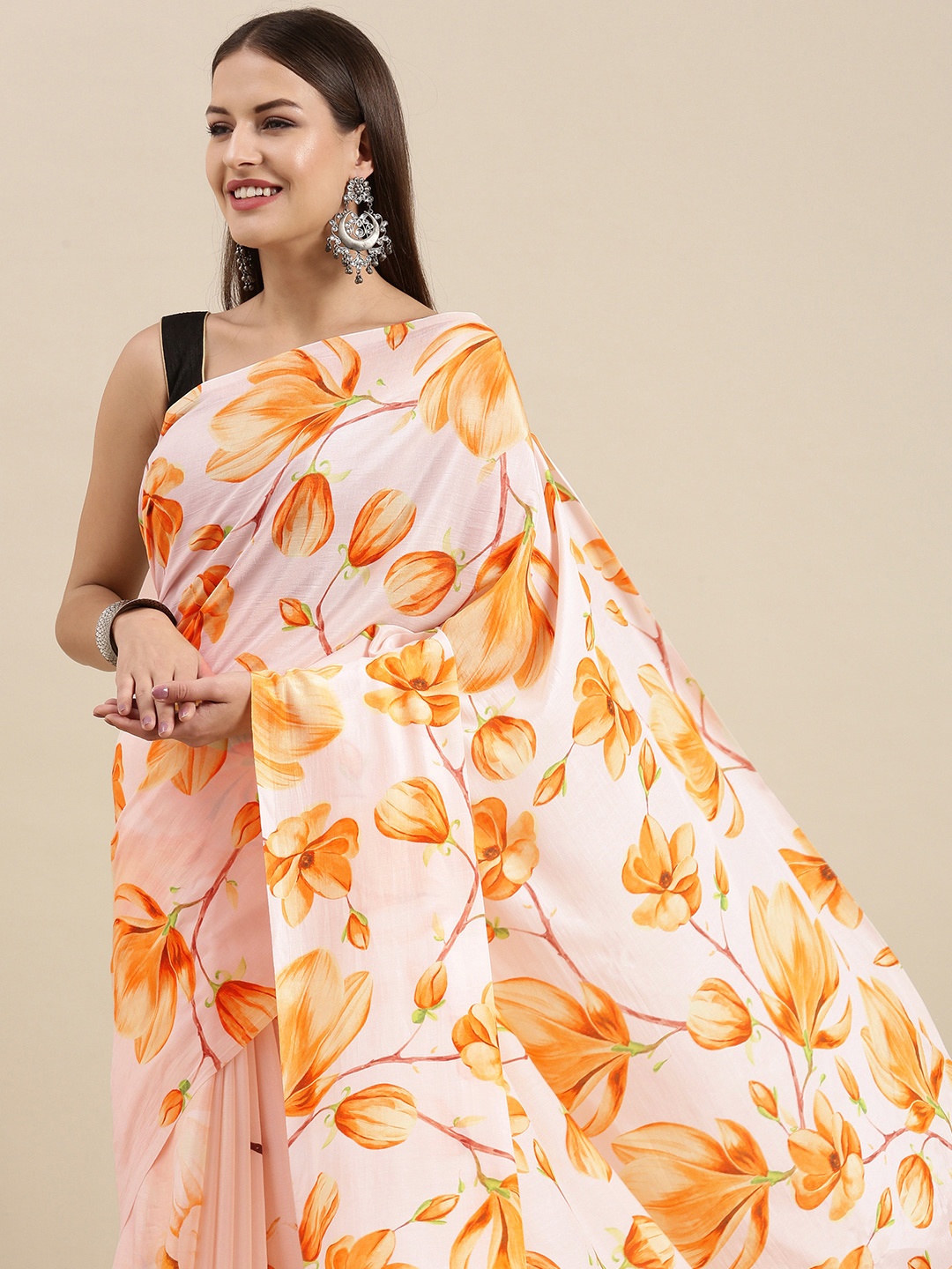 navyasa White & Yellow Floral Liva Poly Crepe Saree