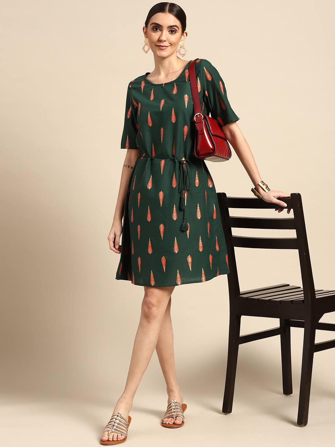 Anouk Green & Orange Ethnic Motifs Print A-Line Dress