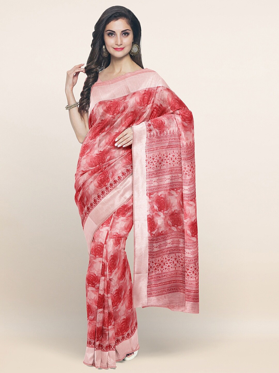 Pothys Pink & White Floral Printed Saree