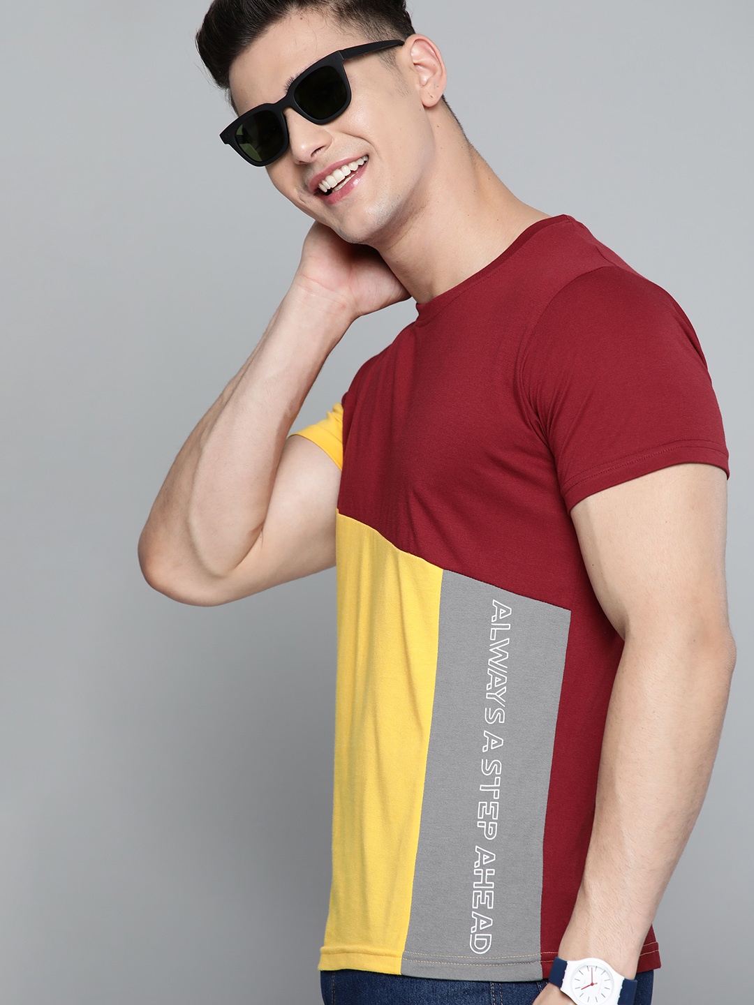 HERE&NOW Men Maroon & Mustard Yellow Colourblocked T-shirt