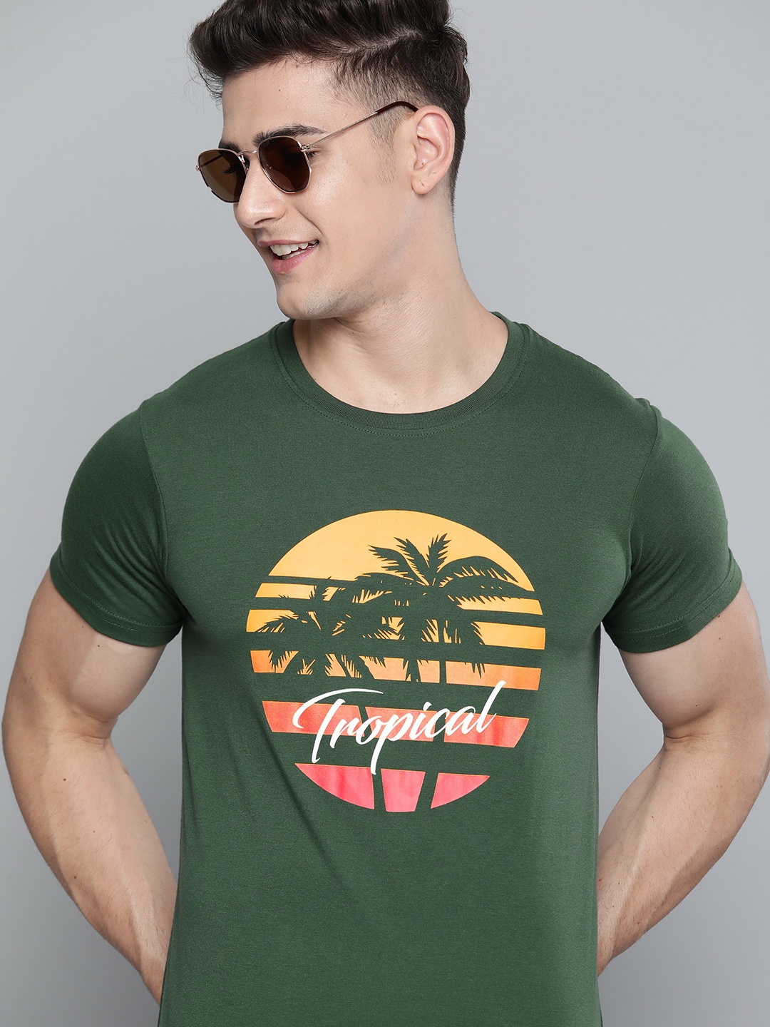 HERE&NOW Men Olive Green & Mustard Yellow Printed T-shirt